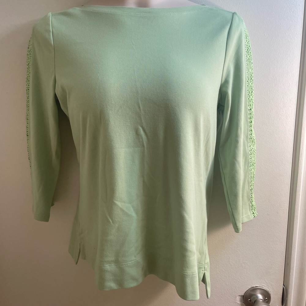 Appleseed's Mint Green Boatneck Knit Top with Crochet Sleeve Trim